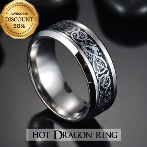 8mm Width Stainless Steel Couple Rings Men Women Promise Celtic Dragon Ring Inlay Carbon Fiber Wedding Band Jewelry Size 7-11
