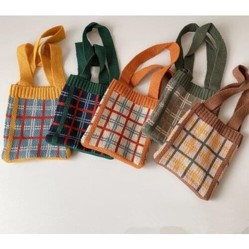 8541 Children Knitted Bag Autumn 2021 New Korean Childrens And Girls' Vintage Wenssen Babys One Shoulder Wool Lattice Bag