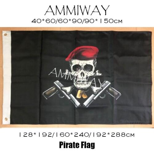 AMMIWAY 90x150cm/128*192cm/160*240cm Red Hat Vintage Retro Jolly Roger Pirate Skull Flags and Banners with Guns