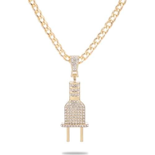 Iced Out Bling Mens Plug Pendant Necklace Gold Silver Plated Charm Micro Pave Full Rhinestone Cuban Chain Hip Hop Jewelry