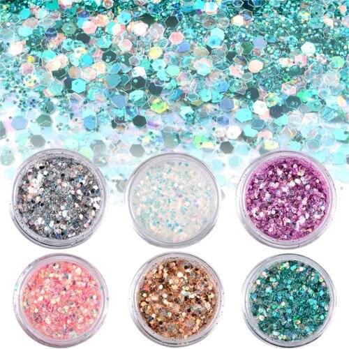 6Pcs Colorful Manicure Pigments Paillette Lase-r Sequins Nail Glitter Powder