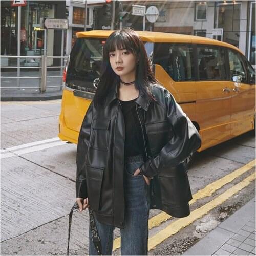 FMFSSOM Spring Autumn 2020 Chic Four Big Pockets Oversized Design MotoBike BF Vintage Retro Women Female Pu Leather Jacket