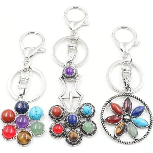FYSL Silver Plated Circle Flower with Many Colors Small Stone Beads Key Chain Healing Chakra Metaphysical Jewelry