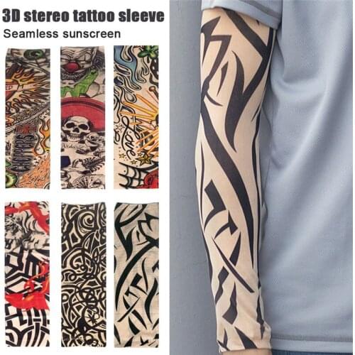 Fake Temporary Tattoo Sleeves Tattoos Full Long Slip On Arm Tattoo Sleeve Kit Men Elastic Nylon Glove Tattoos Black Skull Design