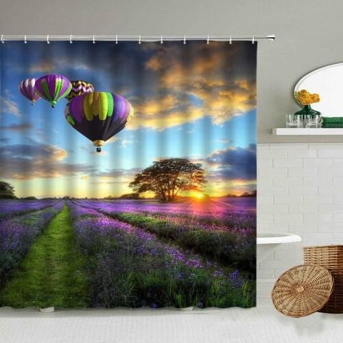 Colorful Hot Air Balloon Waterproof Shower Curtain Romantic Purple Lavender Field Sunset Natural Scenery Bathroom Cloth Screen