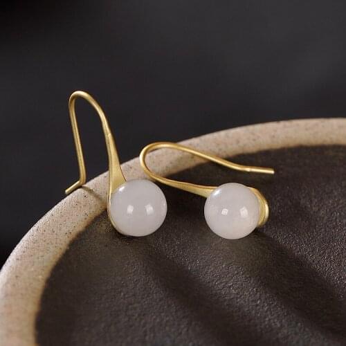 Natural white jade round earrings 925 silver gilded carved charm jadeite jewelry fashion for women gifts jewelry gold earrings