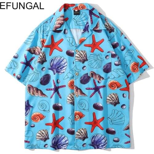 Summer Hawaiian Shirts Men Starfish Shell Print Hip Hop Shirts Streetwear Holiday Beach Shirt Short Sleeve Casual Tops Cardigan