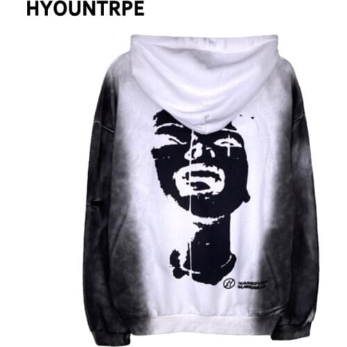 Mens Distressed Harajuku Printed Hoodie Sweatshirts Casual Ripped Holes Streetwear Hooded Tops Loose Hipster Pullovers Hoodies