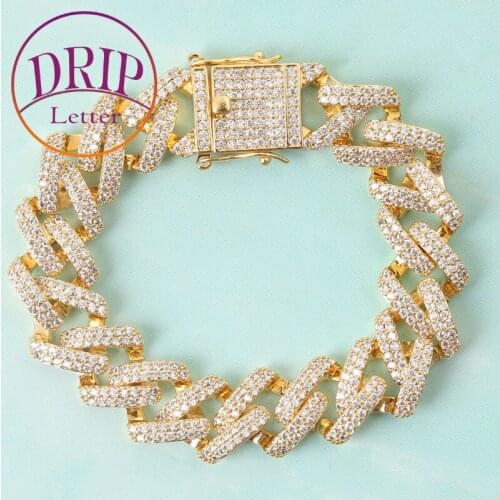 14mm Iced Out Cubic Zircon Cuban Bracelet Gold Color Link Hip Hop Street Style Mens Rock Jewelry