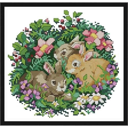 NKF Three Little Rabbits Counted Animal Cross Stitch Patterns 11CT 14CT Chinese Cross Stitch Kits for Embroidery Home Decor