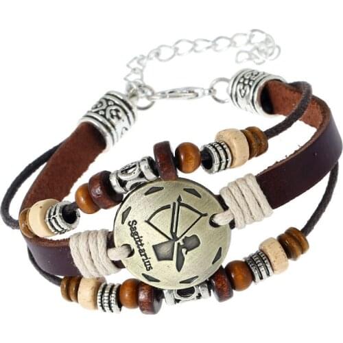New Punk Retro Vintage Brown Genuine Beads Alloy Bronze 12 Constellations Charm Men Leather Bracelets For Women Homme Jewelry