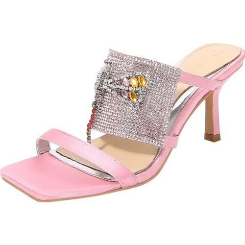 Charming woman rhinestone dragonfly Silk slipper Kitten Heel Peep toe Black Pink Strap Cutout Sandals Slingback Party Shoes