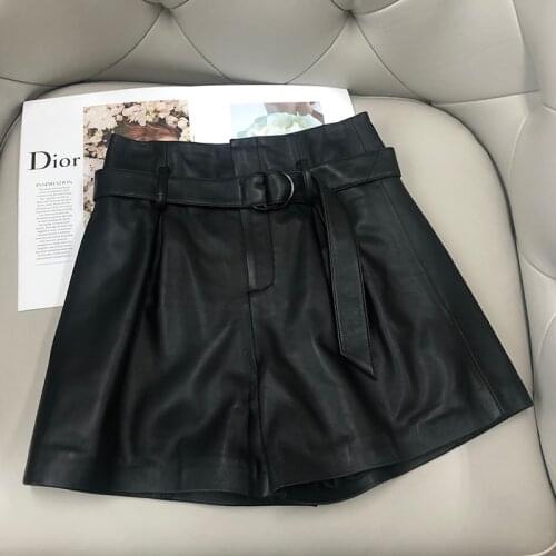 Shorts women plus size high waist genuine leather shorts with belt 2020 new fashion short pants women casual pantalones cortos