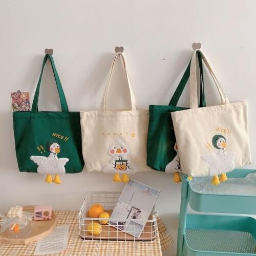 Cute Design Womens Canvas Shoulder Bag Lovely Duck Embroidery Student Girls School Book Tote Handbags Female Large Shopper Bags