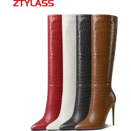 Women Boots Faxu Crocodile Skin Knee High Boots Sexy Thin High Heel Long Boots Pointed Toe Zipper Autumn Winter Shoes