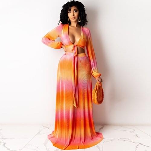 Gradient Color Bohemian Tracksuit Women 2 Piece Dress Club Outfit Long Sleeve C Neck Crop Top and Pleated Maxi Skirt Beachwear
