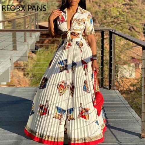 Women Graphic Pleated Lace-up Button Sexy Crop Suit sets