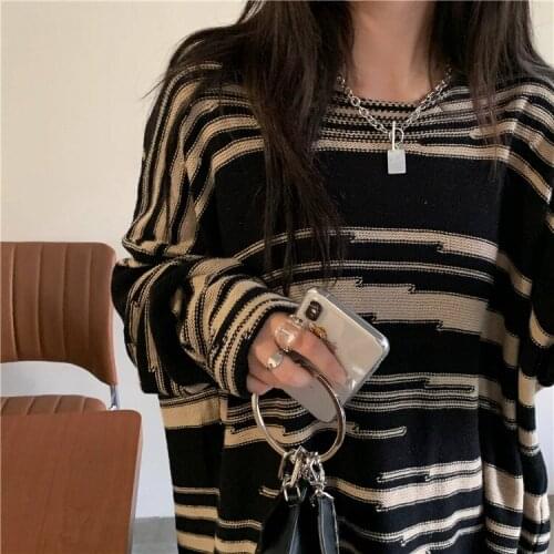 Top women Vintage Striped Sweaters Y2k Autumn Korean style Long Sleeve Oversize Knit Sweater Unisex Couples Winter Pullovers Top