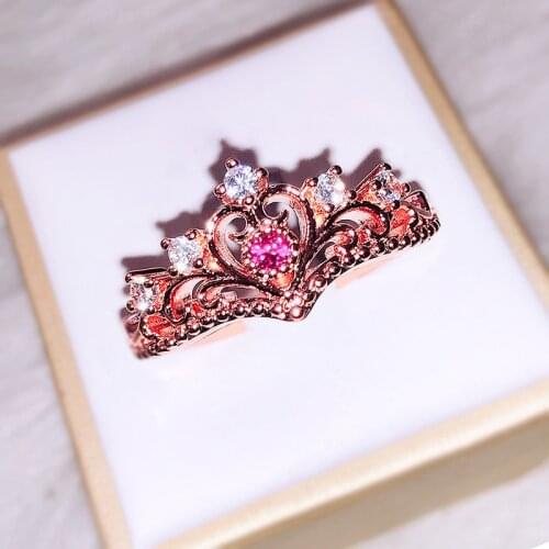 Rose Gold Crystal Open Crown Ring Fashion Simple Female Engagement