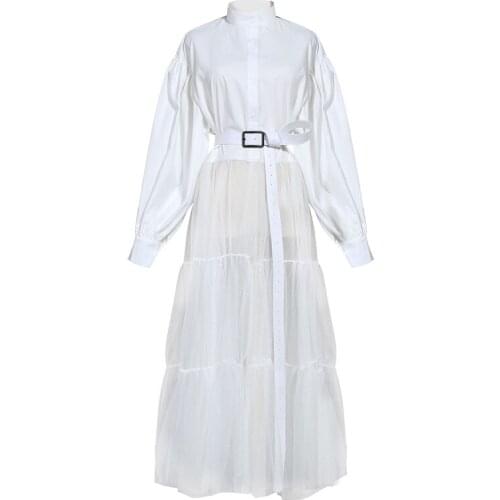 SeeBeautiful New Spring 2021 Stand Collar Long Sleeve Single Breasted Belt Stitching Mesh Large Size Dress Women Q860