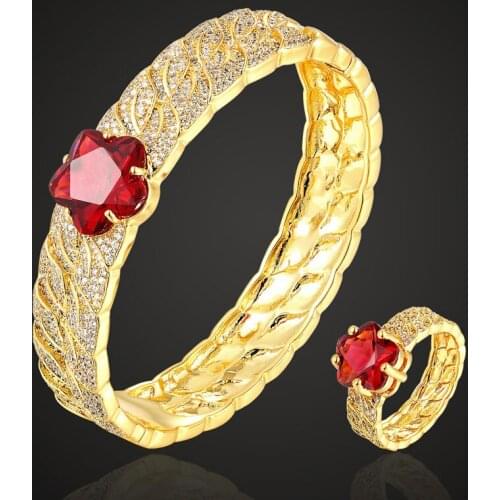 Zlxgirl brand cubic zircon Red Flower wedding bangle jewelry sets oval metal copper Bracelets & ring sets couple jewelry sets