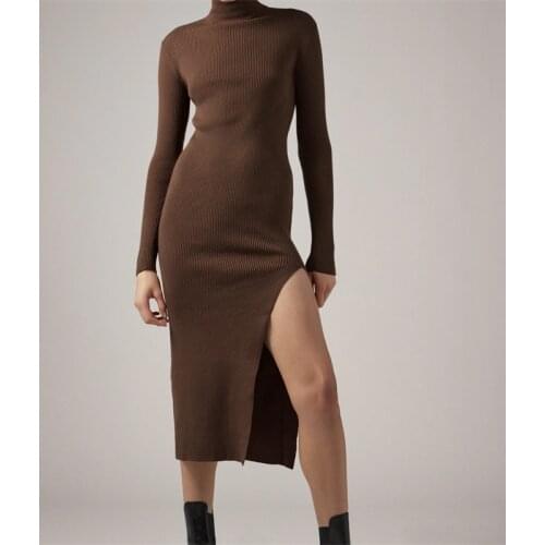 ZXQJ Women 2021 Fashion Turtleneck Sweater Dress Buttoned Long Sleeve Midi Knitted Bodycon Female Dresses Vestidos Mujer