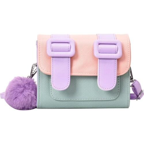 2021 Summer Shoulder Handbags Female Cross Body Bag with Hair Ball Contrast Color Mini Pu Leather Crossbody Bags for Women