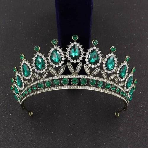 Baroque Retro Green Pink Crystal Bridal Tiaras Crown Big Rhinestone Pageant Diadem Party Bride Headband Wedding Hair Accessories
