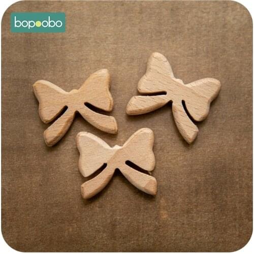 Bopoobo 10pc Baby Teether Wooden Bow Shape Beech Beads Making Pacifier Chain BPA Free Wood Teething Bead For Newborn