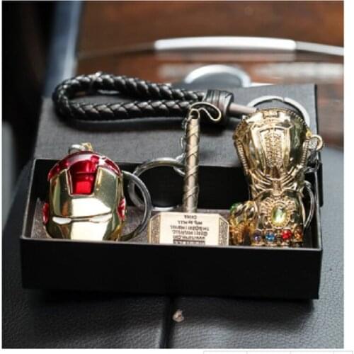 3pcs/set Marvels School Bag Pendant Metal Keychains Ironman Mask Thanos Gloves Stationery Figures Car Key Ring Student Xmas Gift