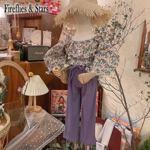 Spring Autumn Girls 2 Pcs Set Baby Blouse + Wide Leg Pants Kids Suits Children Clothes Floral Print Puff Sleeve 1 To 7 Yrs