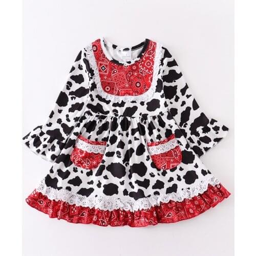 Girlymax Baby Girls 2 Colors Kids Clothing Milk Silk Cow Wine Leopard Pocket Ruffles Dress Knee Length Long Sleeve