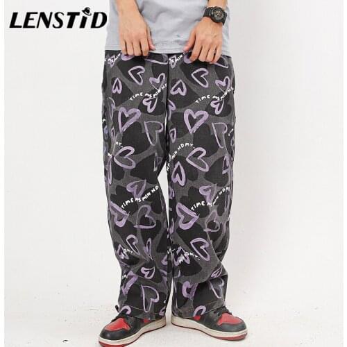 LENSTID Men Hip Hop Heart Full Print Baggy Denim Pants Joggers 2021 Autumn Harajuku Streetwear Cotton Jeans Casual Loose Trouser