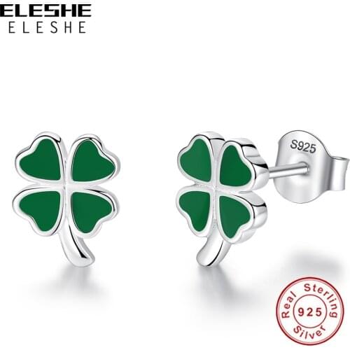ELESHE Trendy Real 100% 925 Sterling Silver with Green Enamel Luck Clover Stud Earrings For Women Girls Party Jewelry