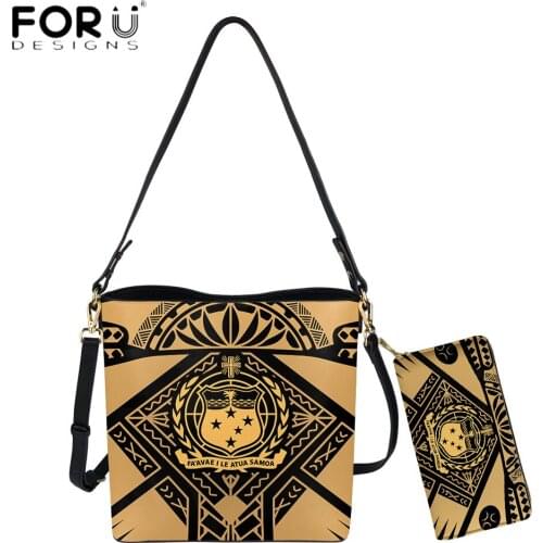 FORUDESIGNS Hot Selling PU Leather 2pcs Women Messenger Bag Samoan Polynesian Tribal Printing Female Bucket Sac And Purse Bolsa