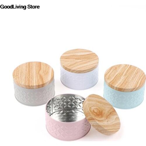 1 PC Round Empty Iron Box With Wood Grain Lid Mini Striped Solid Color Tea Cans Candy Storage Box Diy Candle Making Jar Gift Box