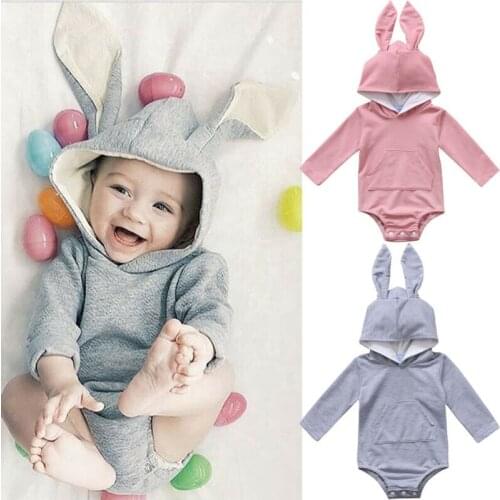 PUDCOCO Cute Newborn Baby Girl Boy Long Sleeve Rabbit Ears Hooded Romper Outfit Jumpsuit Easter 0-24M