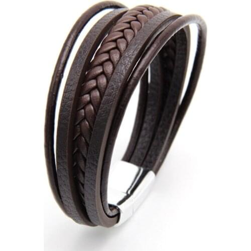 Multilayer Cowhide Rope Mens Bracelet Hand-Woven Brown Black Leather Vintage Men Jewelry Magnetic Bracelets for Men Male Women