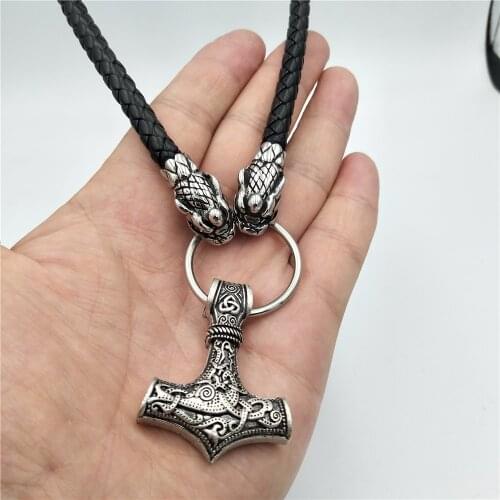 Men stainless steel Wolf head norse viking amulet thor hammer pendant necklace viking Dragon head leather chain