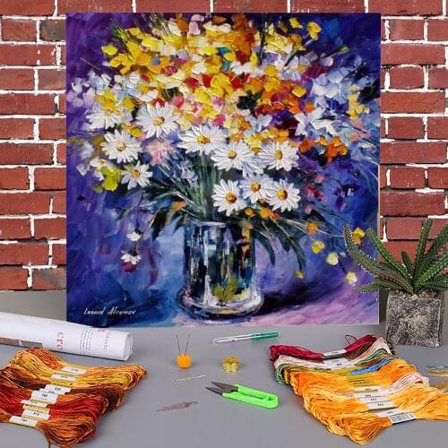 Colored Flowers Printed Fabric 11CT Cross Stitch Embroidery Set DMC Threads Painting Handmade Handicraft Sewing Wholesale