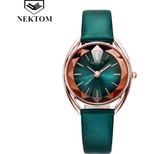 NEKTOM 2021 Luxury Fashion Elegant Dress Waterproof Womens Watches Dark Green Leather Band For Ladies Gifts Wristwatch