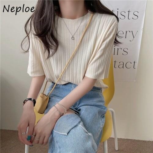 Neploe Korean O Neck Pullover Short Sleeve Knit T Shirt Women Pit Design Candy Color Causal Tees Summer 2021 New All Match Top
