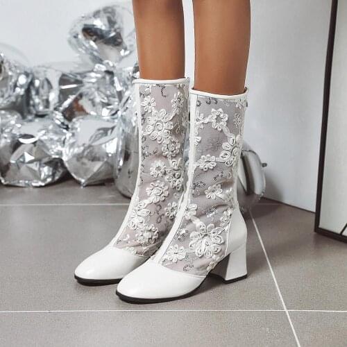 New Arrivals 2020 Chunky Heels Zip Up Summer Shoes Woman Boots Female Mesh Zip Up Mid-Calf Boots Women Shoes