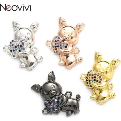 Neovivi Lovely Pig Holding Heart Multi CZ Brass Charms Fit Bracelets Necklace Women Men DIY Charm Jewelry Making Girlfriend Gift