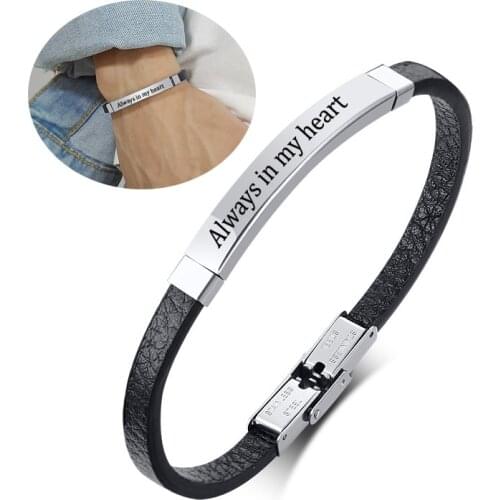 Simple Engraving ID Men Bracelet For Classic Male Leather Stainless Steel Bracelet Unique Unisex Custom Gift