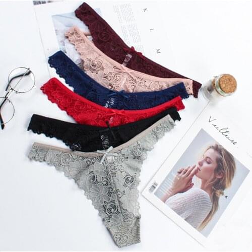 Sexy Lace Thong Low Waist Lace Transparent Panties Women Hollow out Breathable G String Briefs Bowknot Underwear Lingerie