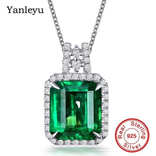 Yanleyu New Emerald Green Princess Square Crystal Zircon Pendant 925 Sterling Silver Fashion Party Jewelry Women Necklace PN057