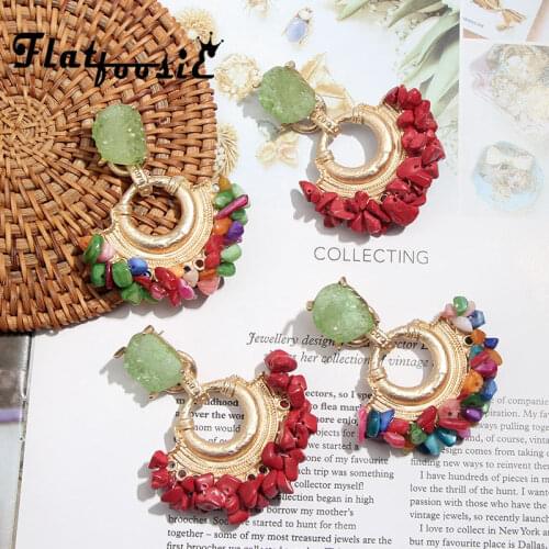 Flatfoosie New Trendy Colorful Stone Drop Earrings Metal Punk Women Summer Party Gifts Jewelry Ethnic Bohemian Pendant Earrings