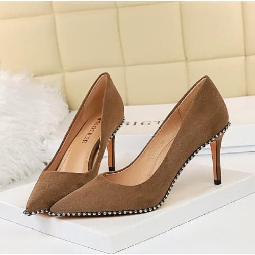 2020 New Summer Fashion Women 8cm Or 10.5cm Thin High Heels Pumps Metal Black Pumps Studded Flock Pumps Ladies Valentine Shoes