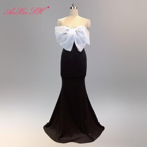 AnXin SH celebrity party black satin mermaid evening dress sexy princess strapless big bow red trumpet white evening dress 1377